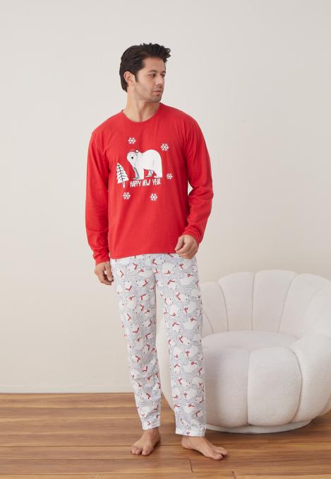 Pijama barbati Craciun "HAPPY NEW YEAR" , maneca lunga ,pantaloni lungi,Culoare Rosu ,Engros